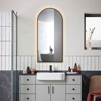 Badkamerspiegel met LED Verlichting en Verwarming 45x100cm - Afimera Archtoog - Zwart - Wandspiegel Rondboog Vorm - Touch Bediening - Dimbaar - Aanpasbare Lichtkleur Helder/Koud wit;Warm wit;Natuurlijk wit