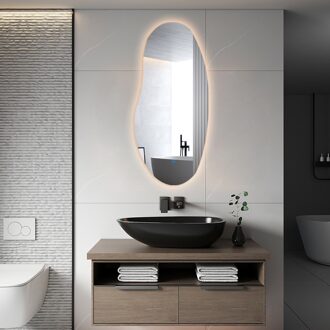 Badkamerspiegel met LED Verlichting en Verwarming 45x100cm - Afimera Aura - Randloos - Wandspiegel Organische Vorm - Touch Bediening - Dimbaar - Aanpasbare Lichtkleur Helder/Koud wit;Warm wit;Natuurlijk wit