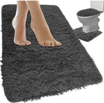 Badmatten set - 3-delig - hoogpolig - grijs - voor toilet en douche