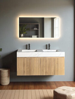 Badmeubel Casajoy Bold Onderkast 120 cm Met Strepen Eiken Met Sintered Stone Wastafel Wit Bruin