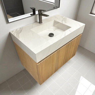 Badmeubel Casajoy Bold Onderkast 80 cm Met Strepen Eiken Met Sintered Stone Wastafel Wit Bruin