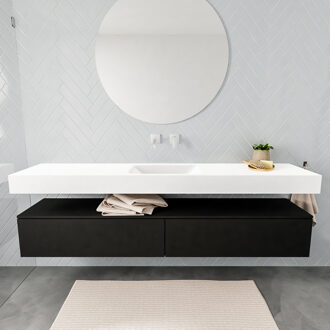 Badmeubel Ibiza 200 cm Mat Zwart Twee Lades Spoelbak Midden Mat Wit (0 kraangaten)