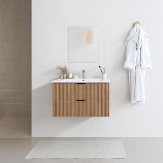 Badmeubelset Amelia 60cm - Hout - Met Spiegel En Wastafel - Met 2 Lades - Met Witte Wastafel