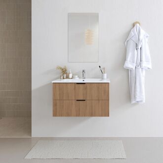 Badmeubelset Amelia 80cm - Hout - Met Spiegel En Wastafel - Met 2 Lades