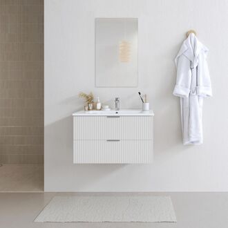 Badmeubelset Amelia 80cm - Wit - Met Spiegel En Wastafel - Met 2 Lades - Met Witte Wastafel