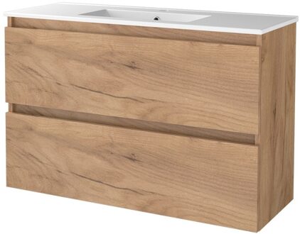 Badmeubelset BWS Salt 100x39cm Greeploos 2 Lades Met Wastafel 1 Kraangat Whisky Oak Bruin