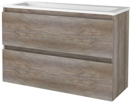 Badmeubelset BWS Salt 100x39cm Greeploos 2 Lades Met Wastafel 2 Kraangaten Scotch Oak Bruin