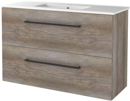 Badmeubelset BWS Salt 100x39cm Met Grepen 2 Lades Met Wastafel 1 Kraangat Scotch Oak Bruin