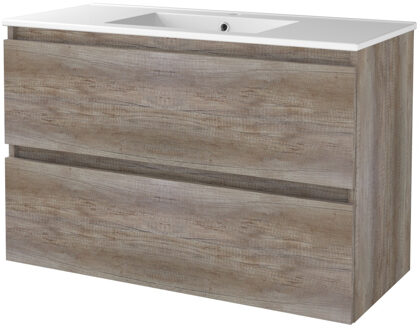 Badmeubelset BWS Salt 100x46cm Greeploos 2 Lades Met Wastafel 1 Kraangat Scotch Oak Bruin