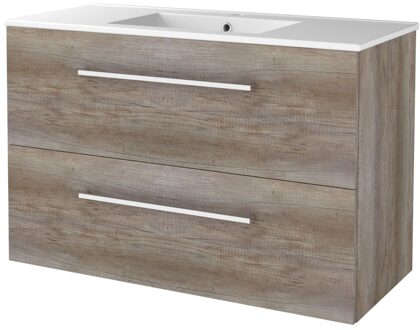 Badmeubelset BWS Salt 100x46cm Met Grepen 2 Lades Met Wastafel 1 Kraangat Scotch Oak Bruin