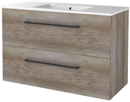 Badmeubelset BWS Salt 100x46cm Met Grepen 2 Lades Met Wastafel 1 Kraangat Scotch Oak Bruin