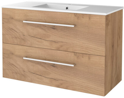 Badmeubelset BWS Salt 100x46cm Met Grepen 2 Lades Met Wastafel 1 Kraangat Whisky Oak Bruin