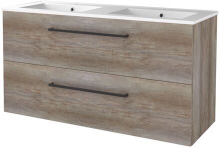 Badmeubelset BWS Salt 120x46cm Met Grepen 2 Lades Met Wastafel Porselein 2 Kraangaten Scotch Oak Bruin