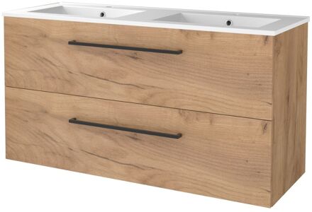 Badmeubelset BWS Salt 120x46cm Met Grepen 2 Lades Met Wastafel Porselein 2 Kraangaten Whisky Oak Bruin