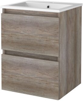 Badmeubelset BWS Salt 50x46cm Greeploos 2 Lades Met Wastafel 1 Kraangat Scotch Oak Bruin