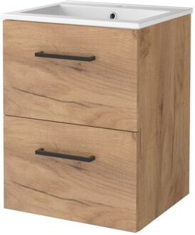 Badmeubelset BWS Salt 50x46cm Met Grepen 2 Lades Met Wastafel 1 Kraangat Whisky Oak Bruin