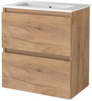 Badmeubelset BWS Salt 60x39cm Greeploos 2 Lades Met Wastafel 1 Kraangat Whisky Oak Bruin