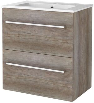 Badmeubelset BWS Salt 60x39cm Met Grepen 2 Lades Met Wastafel 1 Kraangat Scotch Oak Bruin