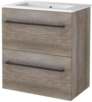 Badmeubelset BWS Salt 60x39cm Met Grepen 2 Lades Met Wastafel 1 Kraangat Scotch Oak Bruin