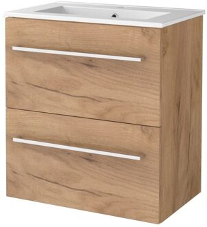 Badmeubelset BWS Salt 60x39cm Met Grepen 2 Lades Met Wastafel 1 Kraangat Whisky Oak Bruin