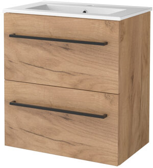 Badmeubelset BWS Salt 60x39cm Met Grepen 2 Lades Met Wastafel 1 Kraangat Whisky Oak Bruin