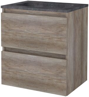 Badmeubelset BWS Salt 60x46cm Greeploos 2 Lades Met Wastafel Hardsteen 1 Kraangat Scotch Oak Bruin