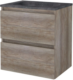 Badmeubelset BWS Salt 60x46cm Greeploos 2 Lades Met Wastafel Hardsteen Scotch Oak Bruin