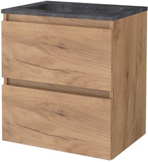 Badmeubelset BWS Salt 60x46cm Greeploos 2 Lades Met Wastafel Hardsteen Whisky Oak Bruin