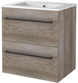 Badmeubelset BWS Salt 60x46cm Met Grepen 2 Lades Met Wastafel 1 Kraangat Scotch Oak Bruin