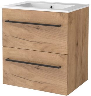 Badmeubelset BWS Salt 60x46cm Met Grepen 2 Lades Met Wastafel 1 Kraangat Whisky Oak Bruin