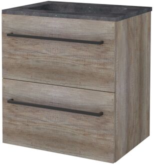 Badmeubelset BWS Salt 60x46cm Met Grepen 2 Lades Met Wastafel Hardsteen Scotch Oak Bruin