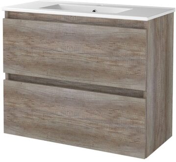 Badmeubelset BWS Salt 80x39cm Greeploos 2 Lades Met Wastafel 1 Kraangat Scotch Oak Bruin