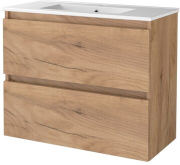 Badmeubelset BWS Salt 80x39cm Greeploos 2 Lades Met Wastafel 1 Kraangat Whisky Oak Bruin