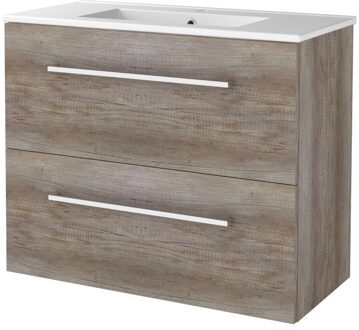 Badmeubelset BWS Salt 80x39cm Met Grepen 2 Lades Met Wastafel 1 Kraangat Scotch Oak Bruin