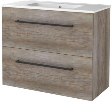 Badmeubelset BWS Salt 80x39cm Met Grepen 2 Lades Met Wastafel 1 Kraangat Scotch Oak Bruin