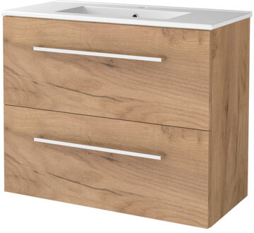 Badmeubelset BWS Salt 80x39cm Met Grepen 2 Lades Met Wastafel 1 Kraangat Whisky Oak Bruin