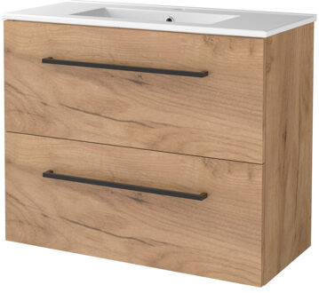 Badmeubelset BWS Salt 80x39cm Met Grepen 2 Lades Met Wastafel 1 Kraangat Whisky Oak Bruin