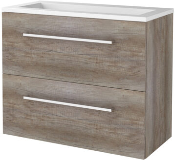 Badmeubelset BWS Salt 80x39cm Met Grepen 2 Lades Met Wastafel Acryl Scotch Oak Bruin