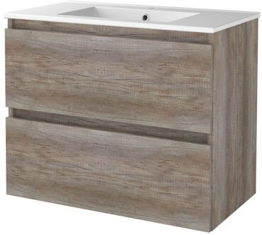 Badmeubelset BWS Salt 80x46cm Greeploos 2 Lades Met Wastafel 1 Kraangat Scotch Oak Bruin