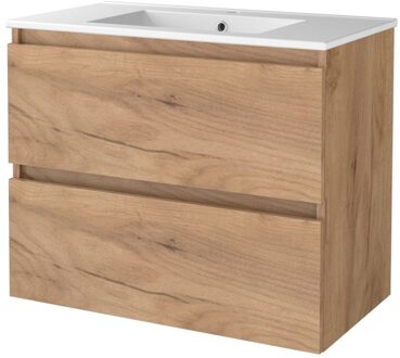 Badmeubelset BWS Salt 80x46cm Greeploos 2 Lades Met Wastafel 1 Kraangat Whisky Oak Bruin