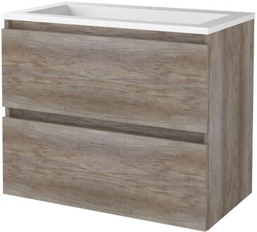 Badmeubelset BWS Salt 80x46cm Greeploos 2 Lades Met Wastafel Acryl 1 Kraangat Scotch Oak Bruin