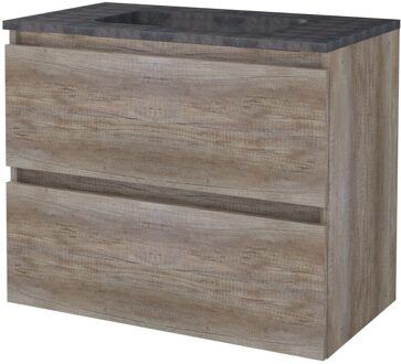 Badmeubelset BWS Salt 80x46cm Greeploos 2 Lades Met Wastafel Hardsteen 1 Kraangat Scotch Oak Bruin