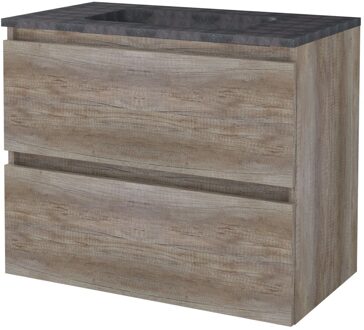 Badmeubelset BWS Salt 80x46cm Greeploos 2 Lades Met Wastafel Hardsteen Scotch Oak Bruin