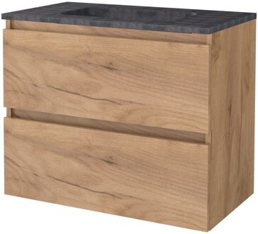 Badmeubelset BWS Salt 80x46cm Greeploos 2 Lades Met Wastafel Hardsteen Whisky Oak Bruin