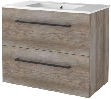 Badmeubelset BWS Salt 80x46cm Met Grepen 2 Lades Met Wastafel 1 Kraangat Scotch Oak Bruin