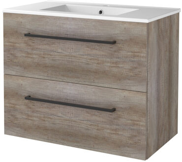 Badmeubelset BWS Salt 80x46cm Met Grepen 2 Lades Met Wastafel 1 Kraangat Scotch Oak Bruin