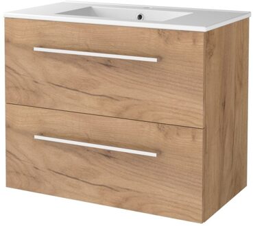 Badmeubelset BWS Salt 80x46cm Met Grepen 2 Lades Met Wastafel 1 Kraangat Whisky Oak Bruin