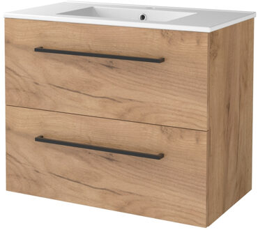 Badmeubelset BWS Salt 80x46cm Met Grepen 2 Lades Met Wastafel 1 Kraangat Whisky Oak Bruin