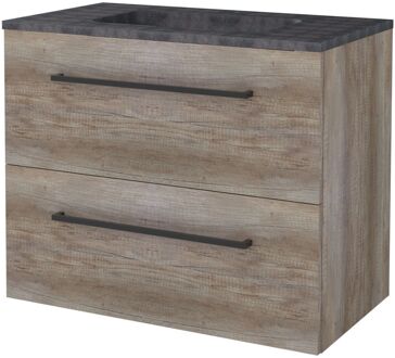 Badmeubelset BWS Salt 80x46cm Met Grepen 2 Lades Met Wastafel Hardsteen 1 Kraangat Scotch Oak Bruin