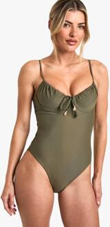 Badpak Met Schelptrim, Geplooide Cup, Strik Aan De Voorkant En Beugelde Ondersteuning, Khaki - 36